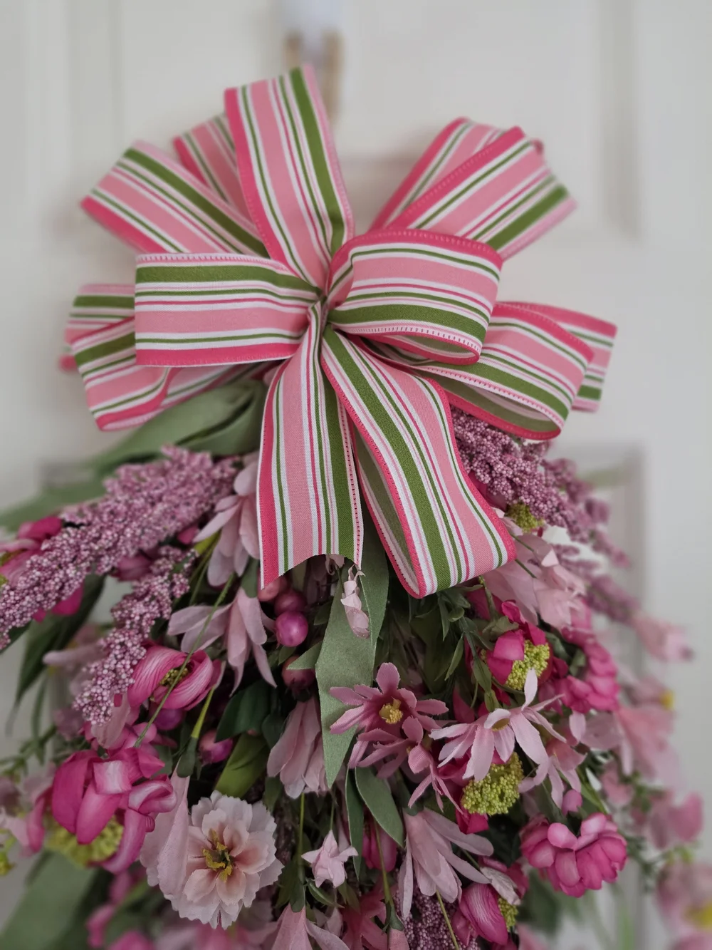 Pink Floral Hanging Swag with Striped Bow